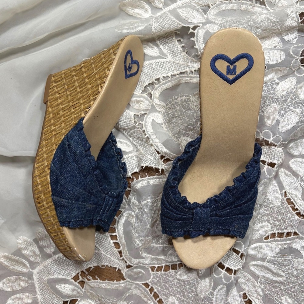 Y2K Cottagecore Farmhouse Blue Denim Ruffle Bow Woven Wedge Sandals Size 9M